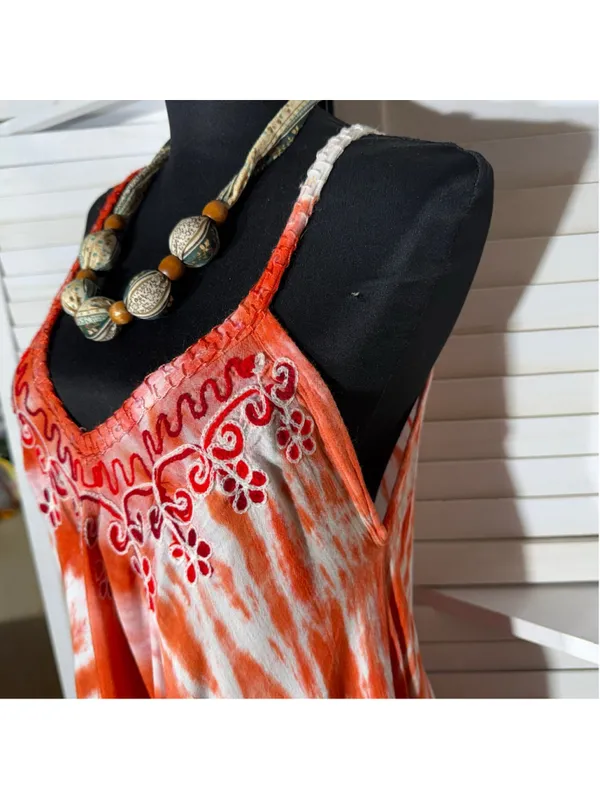 Vintage gauze cotton boho dress tie dye asymmetrical beach cover up fringes S M - Image 4