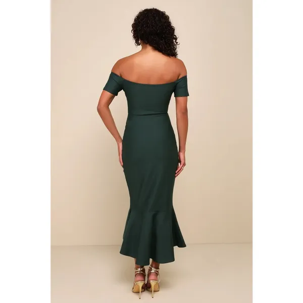 Lulus How Much I Care Dark Green Off-the-Shoulder Midi Dress Holiday Gala Small - Image 4
