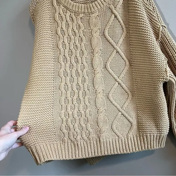 Free People Women’s Dream Cable Knit Tan‎ Sweater Oversized Small - Image 4