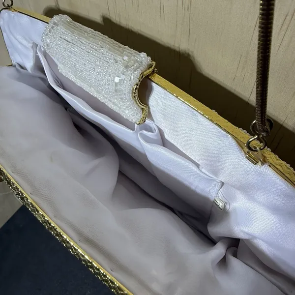 Vintage‎ White Beaded Evening Clutch Purse Wedding Bridal Formal Shoulder Bag - Image 7