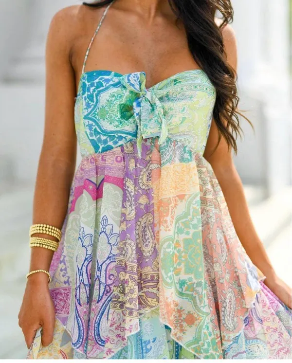 Paisley Print Ruffle Tiered Halter Neck Dress - Image 2