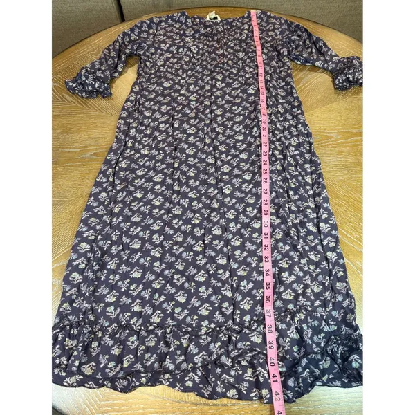 April Cornell Vintage Purple Floral Rayon Midi Dress Ruffle Sleeve V-Neck Large - Image 7
