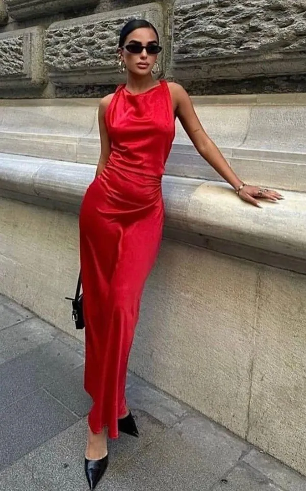 ZARA dress Maxi Red satin Lingerie Fitted wedding Party - Image 4
