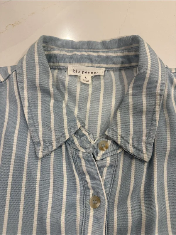Versona blu pepper chambray striped button down tiered dress cuffed short sleeve - Image 3