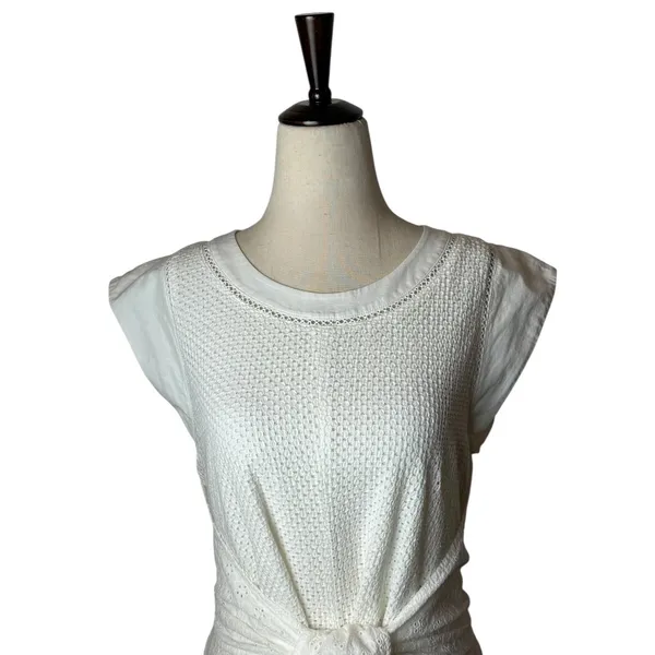 Rebecca Taylor Dress Women‎ 2 White Netted Eyelet Tie Waist Cap Sleeve Midi Boho - Image 5