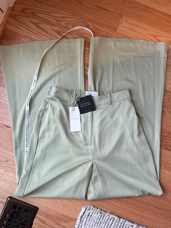 NWT Club L London Satin Wide Leg Trouser Sage Green High Rise Size US 8 - Image 7