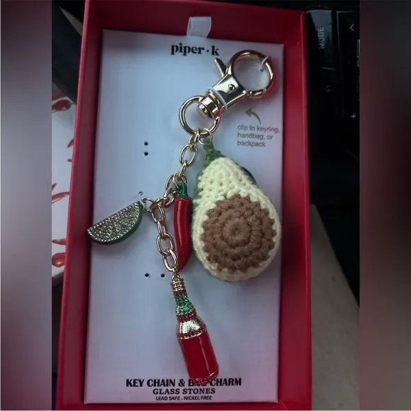 Betsey Johnson Piper K Knit Avocado Multi Charm Keychain Bag Purse Southwestern‎ NWT - Image 5