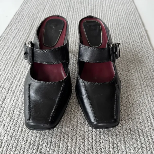 Vintage Merona Black Leather Silver Buckle Square Toe Maryjane Block Heels Shoes - Image 11
