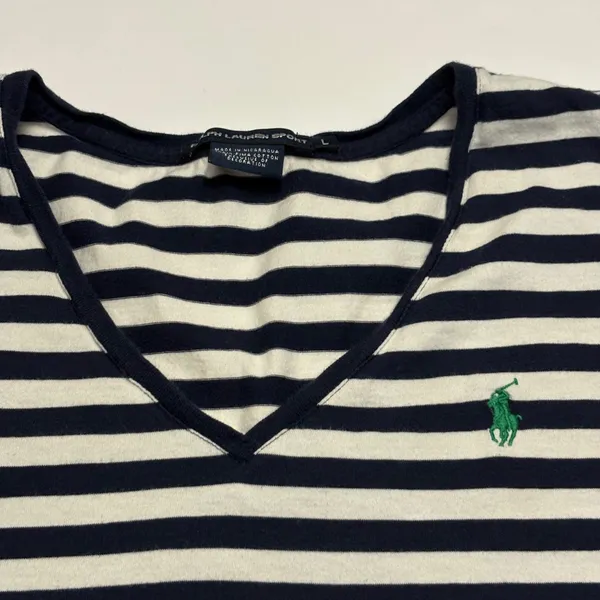 Ralph Lauren Sport T-Shirt Women Large Navy White Striped V-Neck Pima Cotton - Image 2