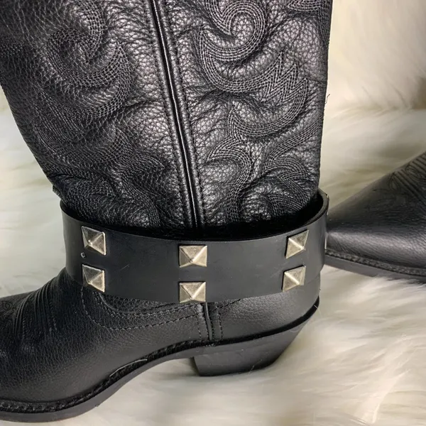 Handmade Womens Black Studded Leather Metal Buckle Removable Boot Band One Size - Image 5