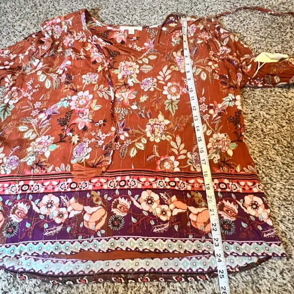 Farmers Market One World Rust Floral‎ Boho Peasant Top Metallic Lurex Tassels L - Image 4