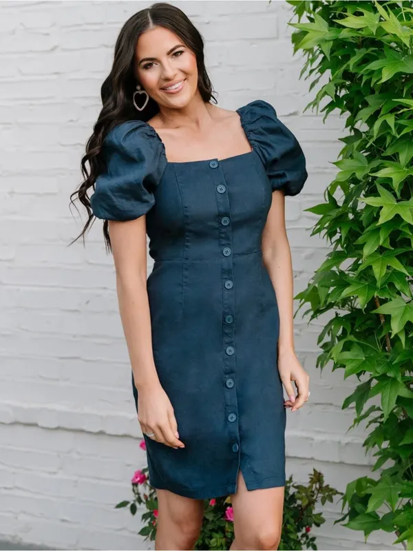 Rachel Parcell Square Neck Button Front Puff Sleeve Linen Dress Dark Blue XS - Image 2