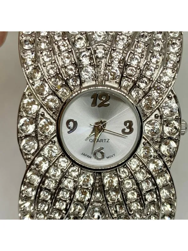 Silver tone women’s cuff bracelet watch 35mm quartz analog rhinestones 7.5” runs - Image 3