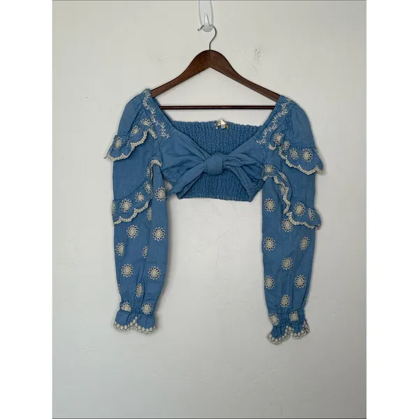 LoveShackFancy Milanti Crop Top Hydrangea Blue Floral Embroidered Linen Medium - Image 3