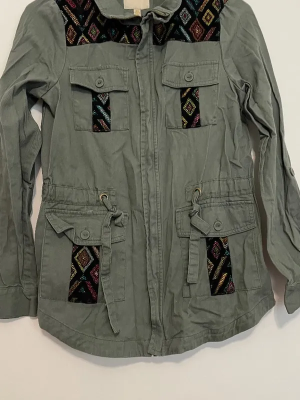 MODCLOTH Keep a Woven Mind Jacket Olive Army Green Multi Aztec Boho Embroidered - Image 5