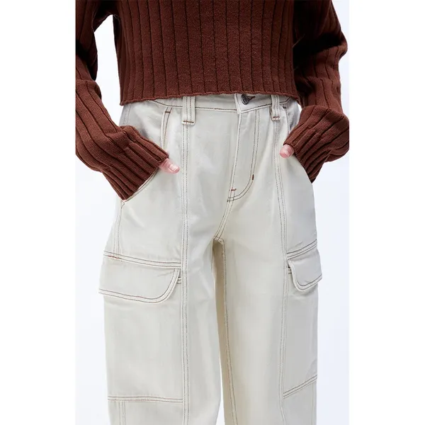 PacSun Cargo Pants‎ Womens M Relaxed Denim Utility Baggy Streetwear Beige White - Image 12
