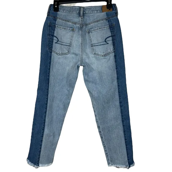 American Eagle SZ 6 Vintage Hi-Rise Cropped Jeans Button-Fly Two-Tone Chewed Hem - Image 4