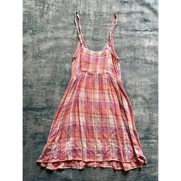 BP Peach Pink Cream Purple Plaid Strappy Summer Mini Dress XS - Image 4