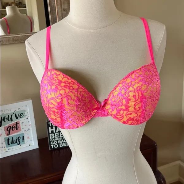 Bright Pink Lace Push Up Bra Women’s 34B - Image 4