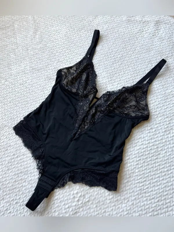Plunge V Neck Shapewear Sculpting Thong Bodysuit L Black Lace Teddy Whimsigoth - Image 6