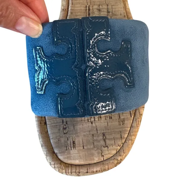 Tory Burch Blue‎ Suede Cork Slide Sandals Double T Logo Patent Sz 7.5 - Image 11