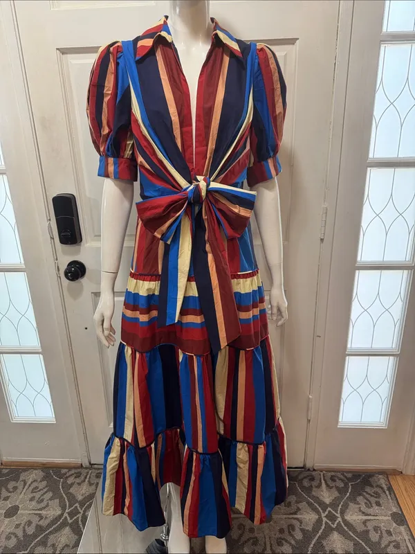 Farm Rio Stripped Multicolor Winter Stripes Short Sleeve Midi Dress Sz Medium - Image 3