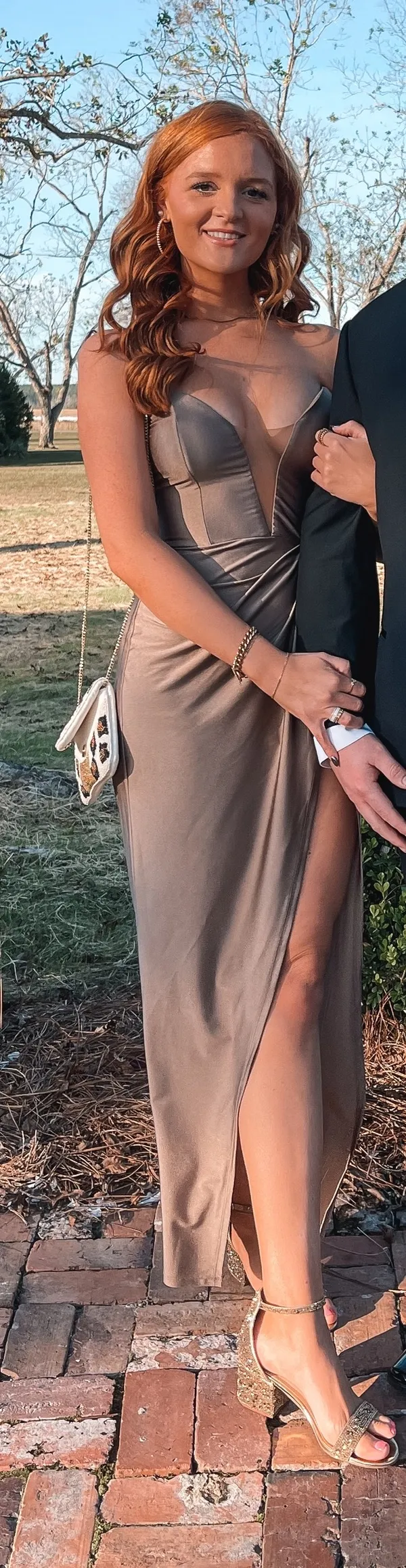 Revolve Jake Gown in Taupe Michael Costello - Image 4