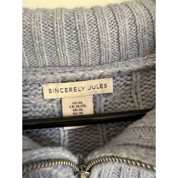 Sincerely Jules Womens Blue Chunky Partial Zip Pullover Cable Knit Sweater sz XL - Image 4