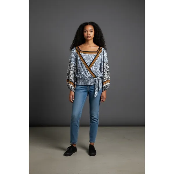 Maeve by Anthropologie Wrap Blouse Blue White Black Print‎ Smocked Waist XS - Image 2