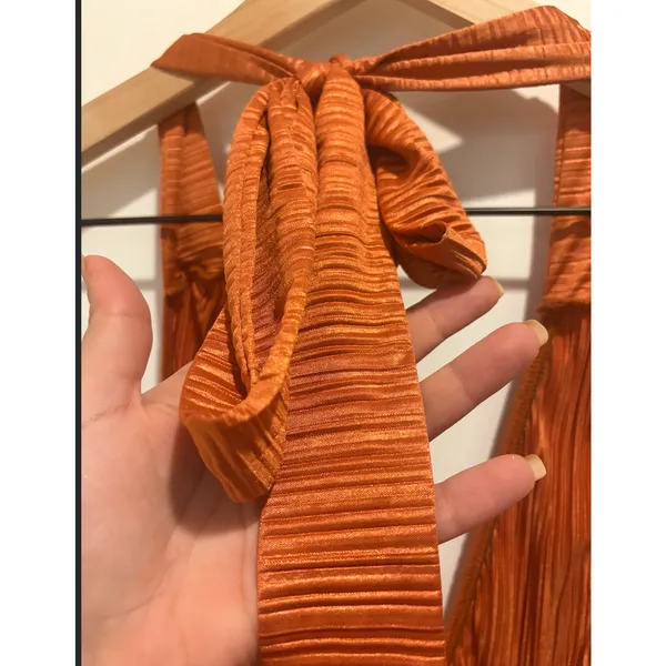 ASOS DESIGN Burnt Orange Pleated Halter Maxi Dress Size L 70s Disco Retro - Image 10