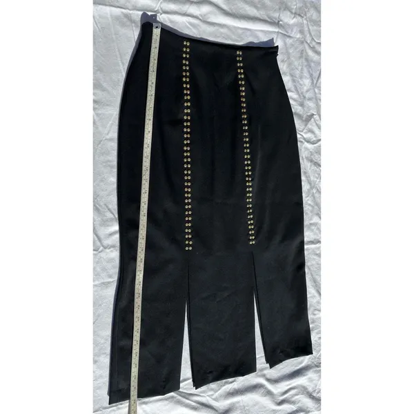 Erez Collections Midi Bedazzled Skirt 100% Wool Gold Studs Slits Black Women's S - Image 5