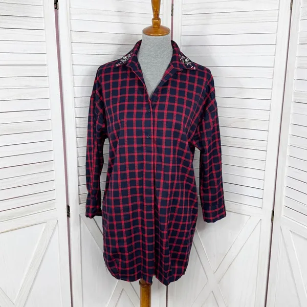 Zara Plaid Beaded Collar Oversized Pullover‎ Tunic Shirt Dress Red Blue XS - Image 2