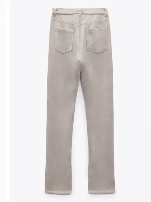ZARA Faux Suede Pants Ankle Slit Flare Dove Gray Sz 6 Classic City Fall Neutral - Image 4