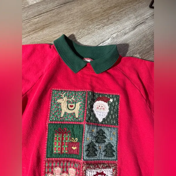 VTG Valorie Folk Art Christmas Sweatshirt Embroidered Gingerbread Red Green S M - Image 7