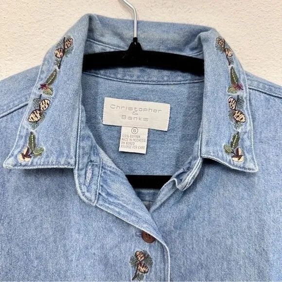 Vintage Christopher & Banks Denim Button Up Fall Leaf Embroidered Blouse Cottage - Image 2