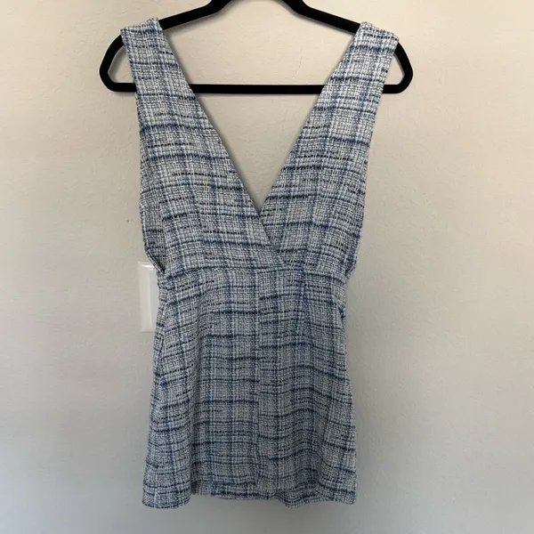 ZARA Blue and White Tweed Plaid Pinafore Mini Dress Medium Double Breasted - Image 12