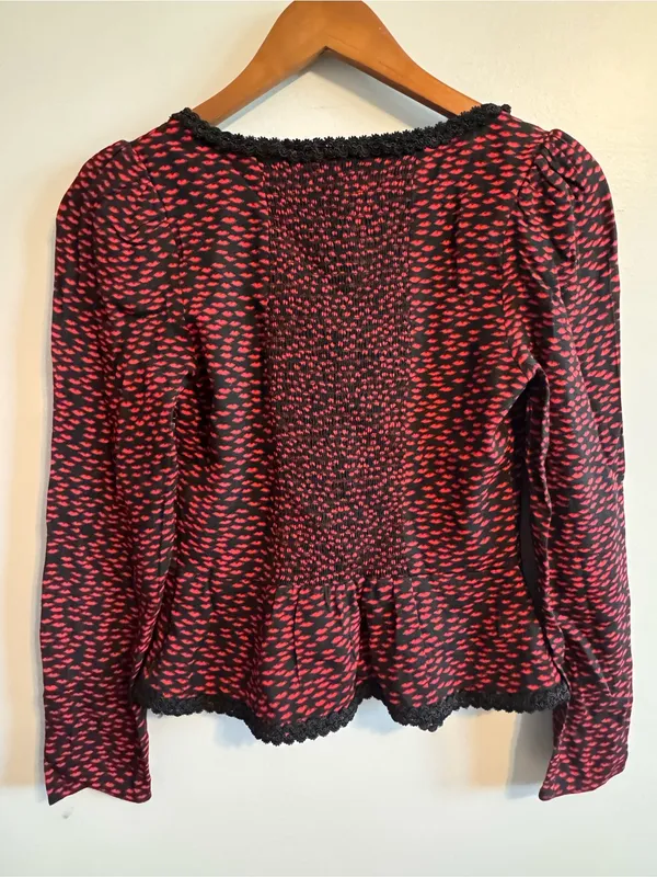 Reformation Red Black Printed Lace Trim Button Front Blouse Top Size 4 - Image 3