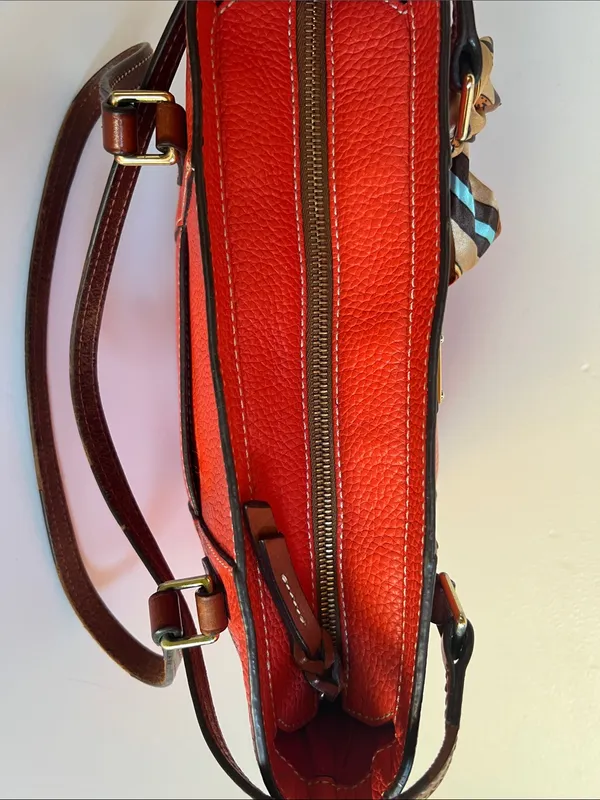Dooney & Bourke Orange Pebble Leather Tote with Contrasted Straps & added tie - Image 4