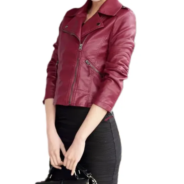 Leather Moto Jacket Boutique (Faux Leather) S Coat Alt Fash Zip Snap Maroon Red - Image 3