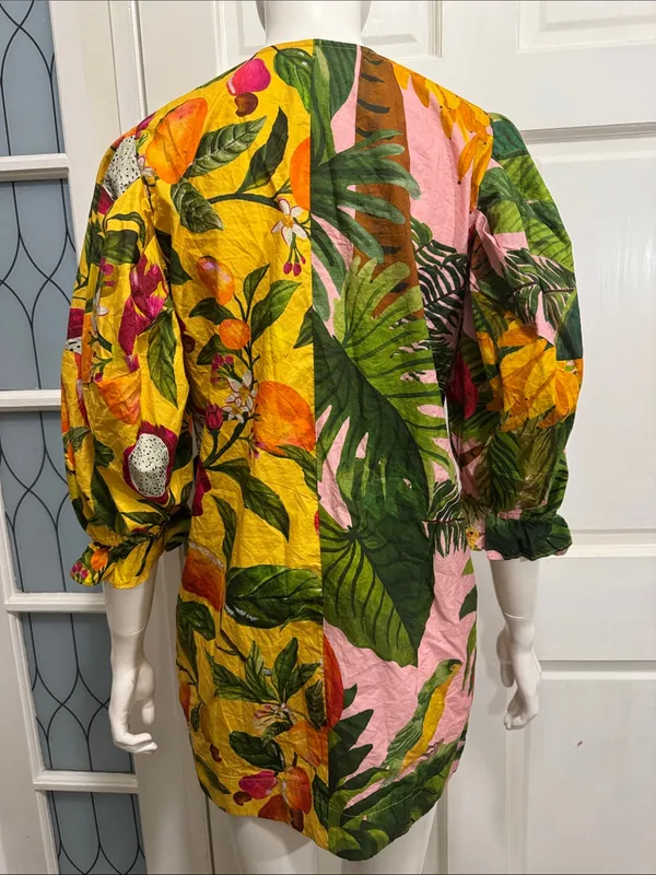 Farm Rio 100% Cotton Tropical Fruit Print V-Neck Mini Dress - Pink Yellow Sz XS - Image 7