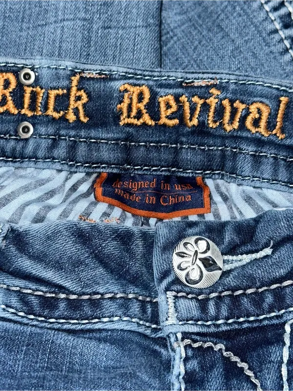 Rock Revival Denim Women’s Size 26 Blue Straight Leg Distressed Embellished Flap - Image 7