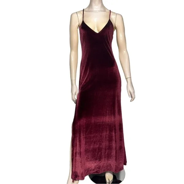 NBD Women’s S Burgundy Wine Velvet In the Deep Slit Sides Low Back Maxi Dress - Image 3