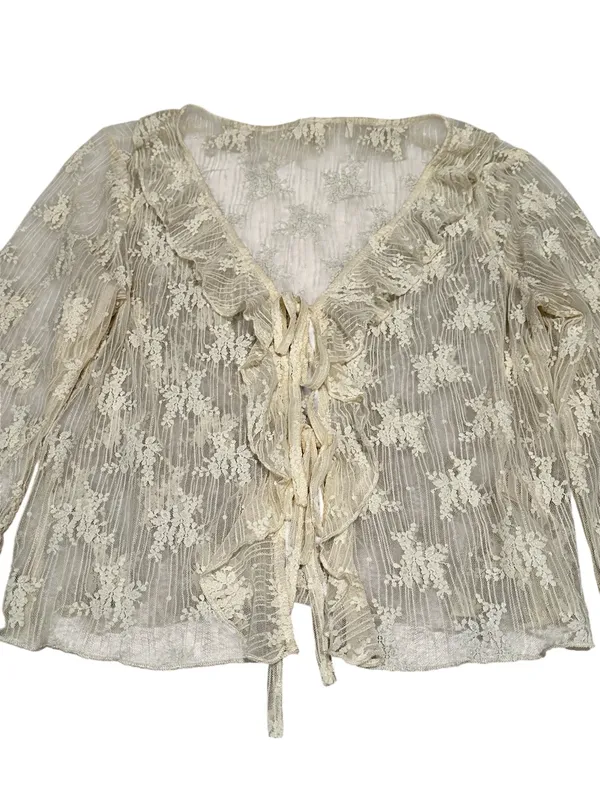 Women’s Ivory Lace Ruffle Blouse Flare Sleeve Tie Front Festival Feminine - Image 3