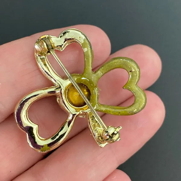 Vintage Gold Tone Shamrock Brooch Pin Green Rhinestone St. Patrick’s Day - Image 4