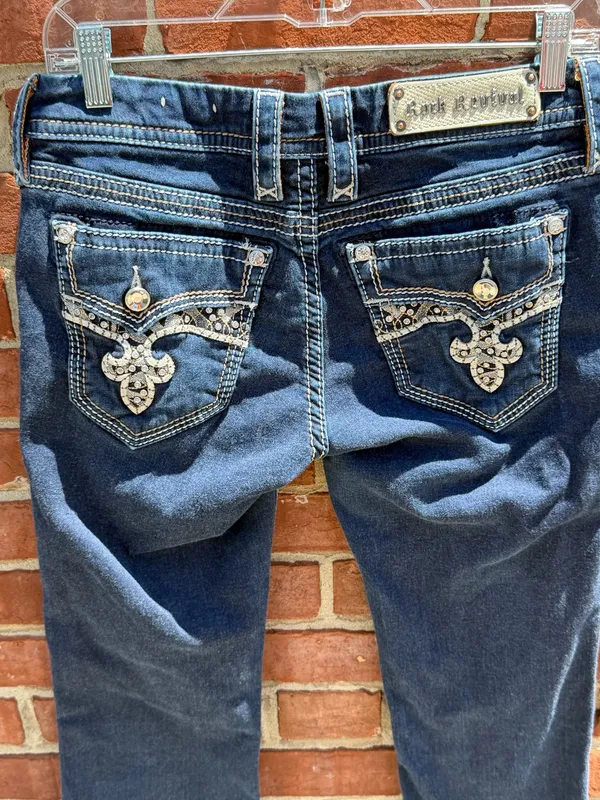 Rock Revival Bootcut Jeans Women’s Dark Wash Embellished Flap Pocket Denim - Image 3