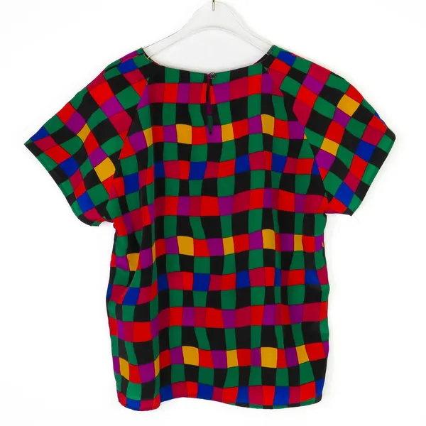 Impressions 1980s Vintage Rainbow Checkered Short Sleeve Blouse Retro Medium - Image 6