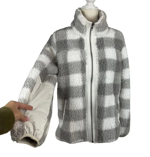 Abercrombie Sherpa Check Fleece Plaid Full Zip Jacket Coat Gray and White Size Medium - Image 3