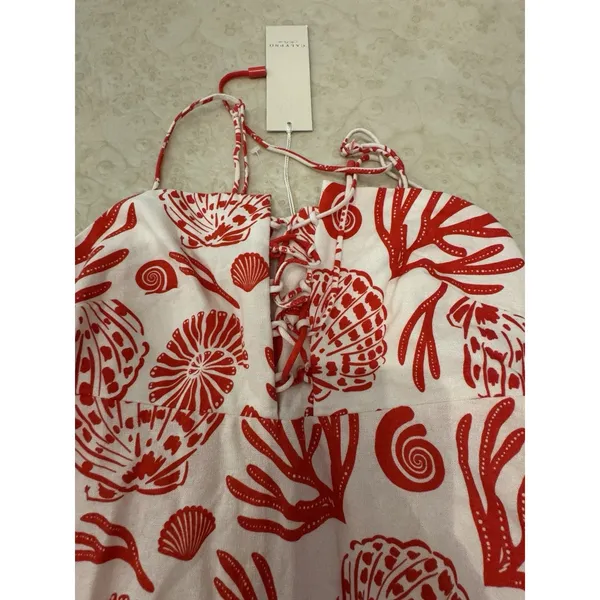 Calypso‎ St Barth Maxi Dress Red White Linen Blend Shells Boho Resort Size XS - Image 7