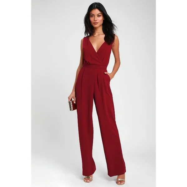 Lulus Kiska Burgundy Lace Wide-leg Jumpsuit Pockets V Neck Pleated M - Image 3