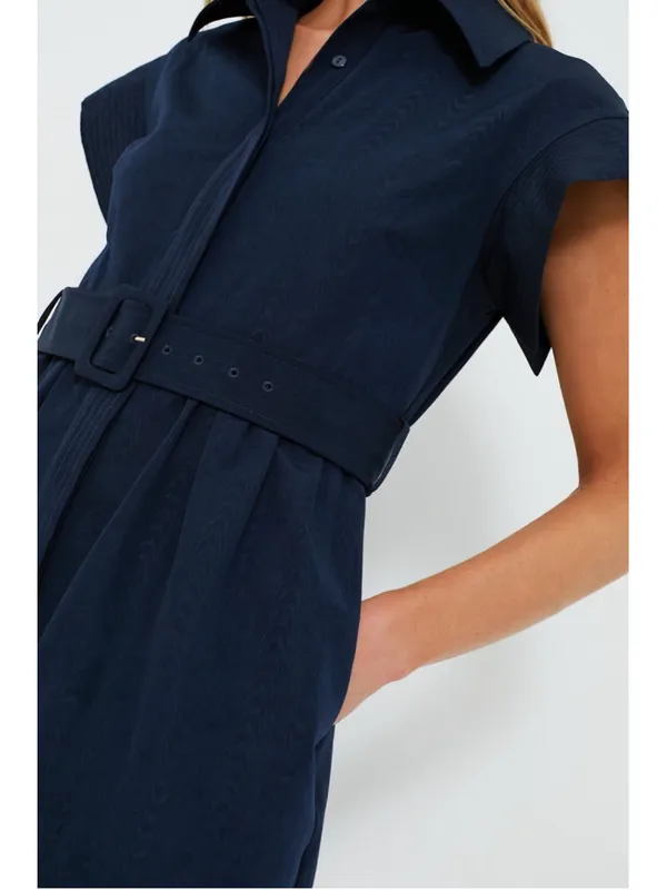 New Tuckernuck Navy Blue Chloe Midi Dress Small Belted Collared Moir Classic - Image 6